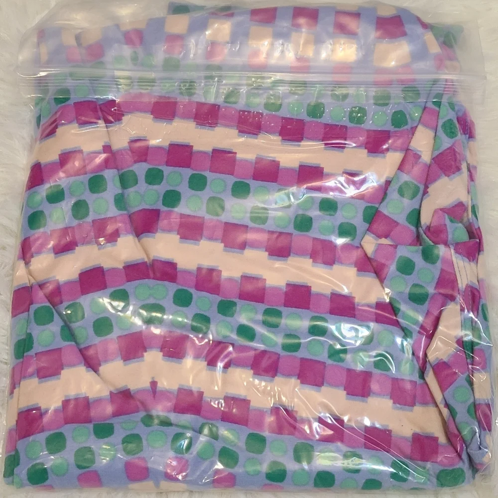 NWT LuLaRoe TC 12-18 Soft Leggings Purple Pink Green Mint Dots Circles Squares - Picture 2 of 2
